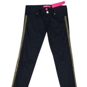 Lily Pulitzer Black Worth Sateen Side Gold Trim Skinny Jeans, Size- 00